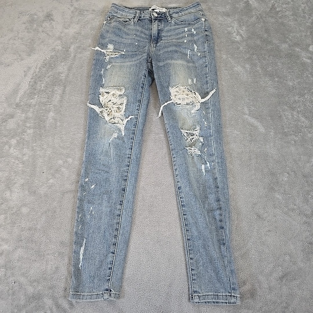 Judy Blue Jeans Womens 3 26 Blue Skinny Fit Light Wash‎ Stretch Distressed Lace